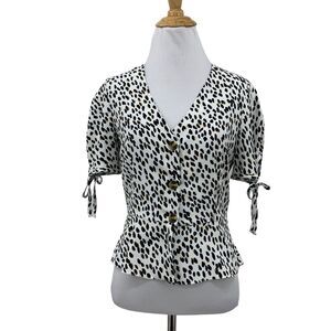Topshop Blouse Women 2 Leopard Print V Neck Puff Tie Sleeve 3 Button Cropped